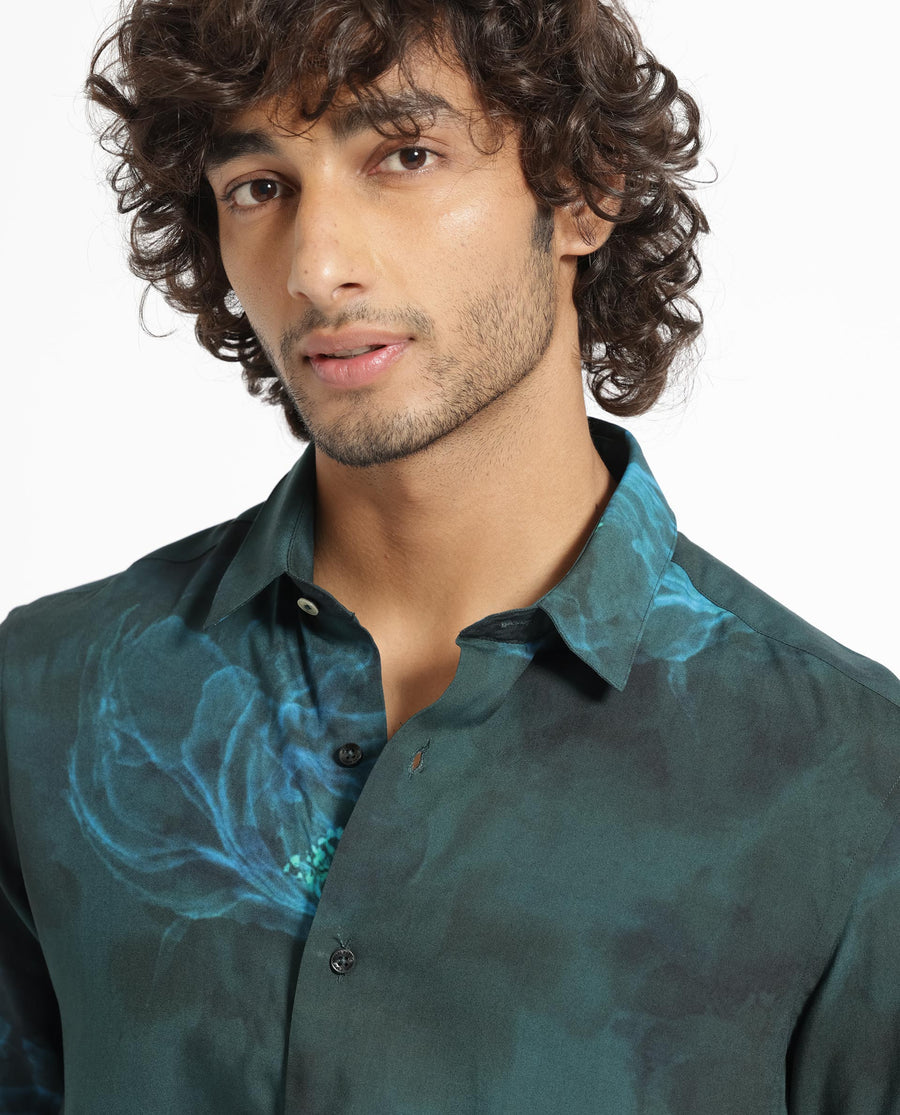 Rare Rabbit Men's Alwick Dark Green Viscose Floral Print Regular Fit Full Sleeve Collared Shirt
