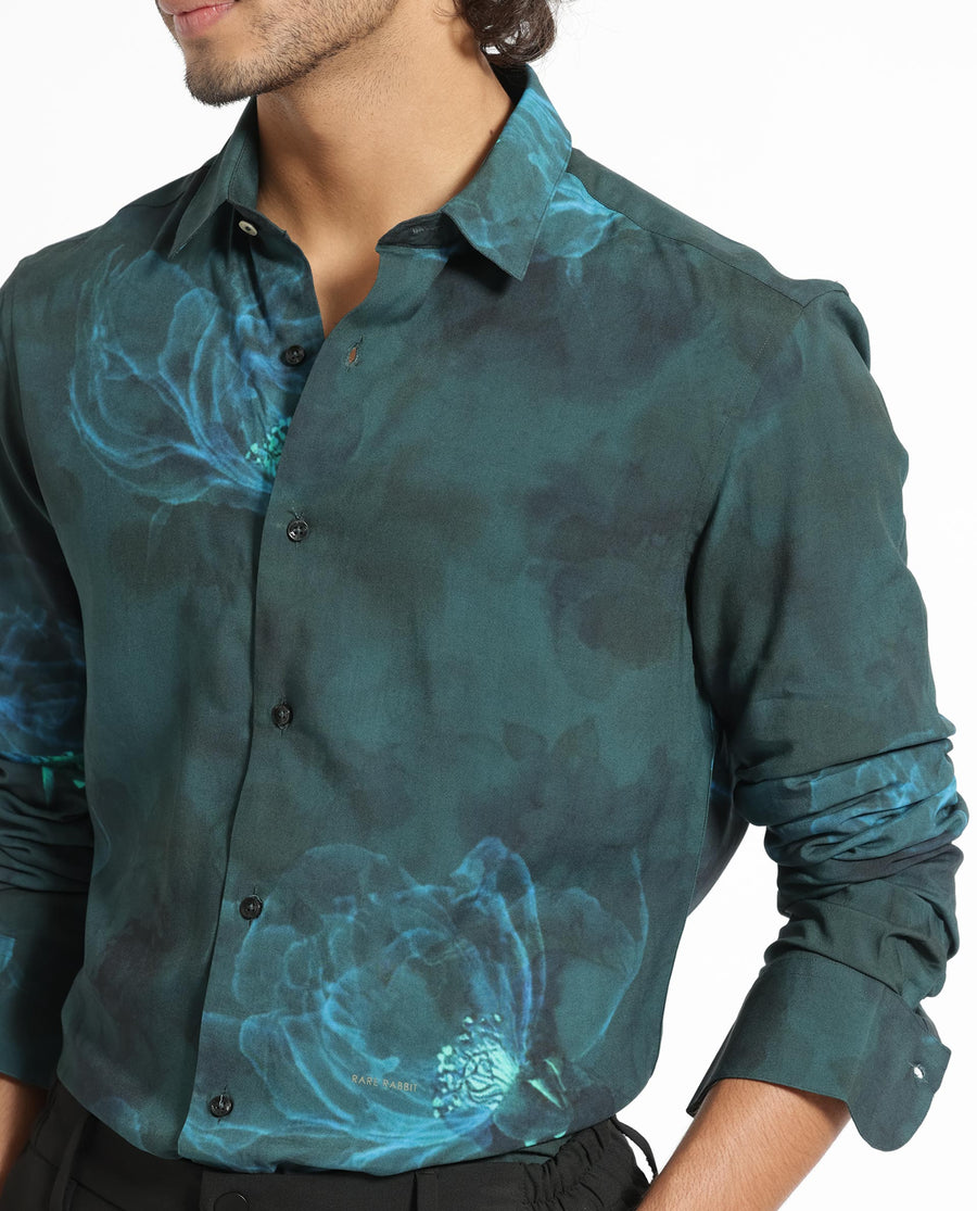 Rare Rabbit Men's Alwick Dark Green Viscose Floral Print Regular Fit Full Sleeve Collared Shirt