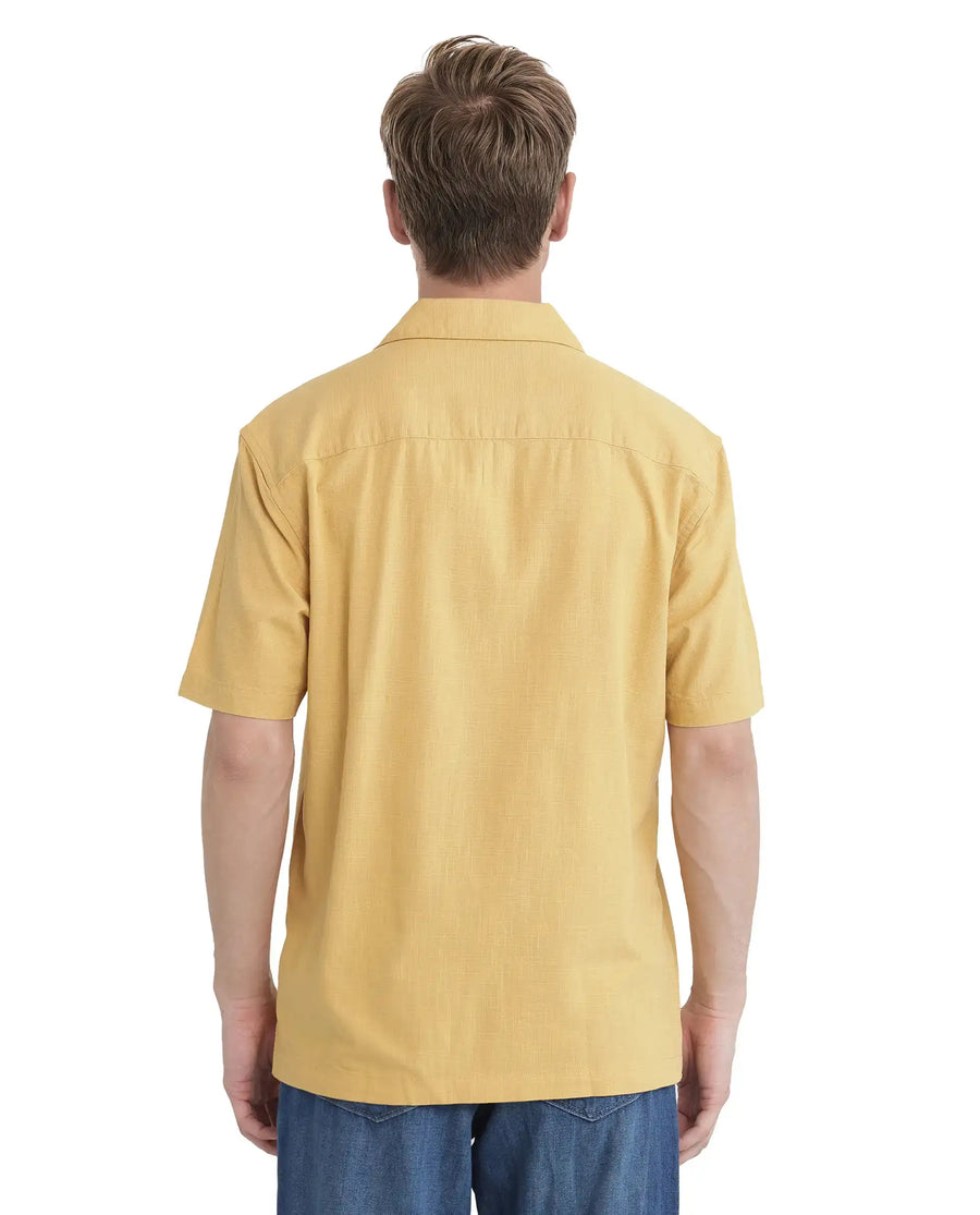 Rare Rabbit Men's Alxum Mustard Cotton Blend Embroidered Boxy Fit Half Sleeve Cuban Collar Shirt
