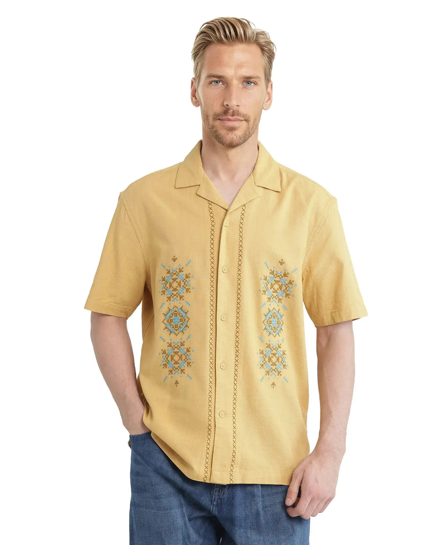 Rare Rabbit Men's Alxum Mustard Cotton Blend Embroidered Boxy Fit Half Sleeve Cuban Collar Shirt