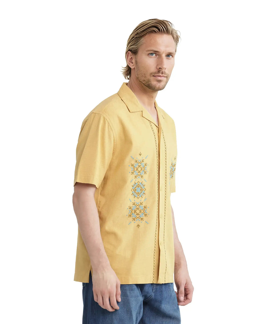 Rare Rabbit Men's Alxum Mustard Cotton Blend Embroidered Boxy Fit Half Sleeve Cuban Collar Shirt