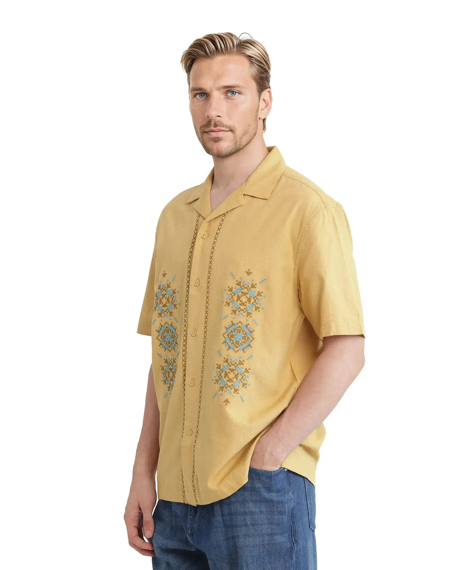 Rare Rabbit Men's Alxum Mustard Cotton Blend Embroidered Boxy Fit Half Sleeve Cuban Collar Shirt