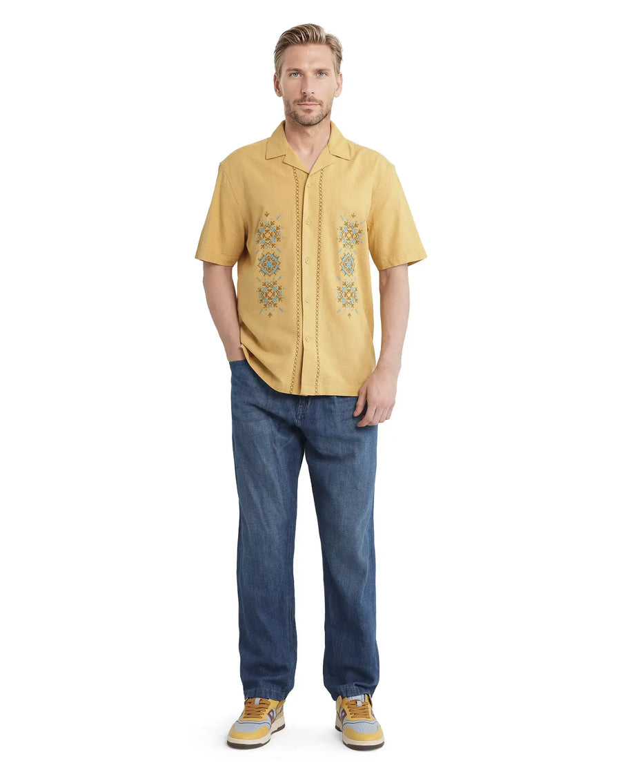 Rare Rabbit Men's Alxum Mustard Cotton Blend Embroidered Boxy Fit Half Sleeve Cuban Collar Shirt