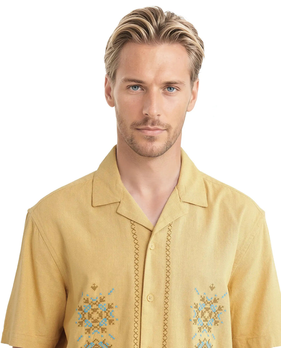 Rare Rabbit Men's Alxum Mustard Cotton Blend Embroidered Boxy Fit Half Sleeve Cuban Collar Shirt