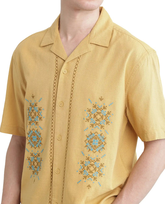 Rare Rabbit Men's Alxum Mustard Cotton Blend Embroidered Boxy Fit Half Sleeve Cuban Collar Shirt