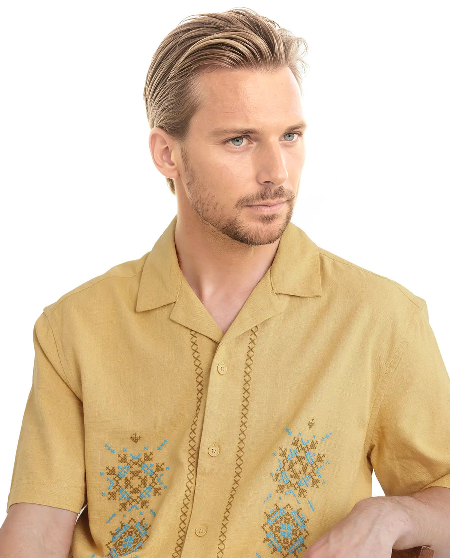 Rare Rabbit Men's Alxum Mustard Cotton Blend Embroidered Boxy Fit Half Sleeve Cuban Collar Shirt