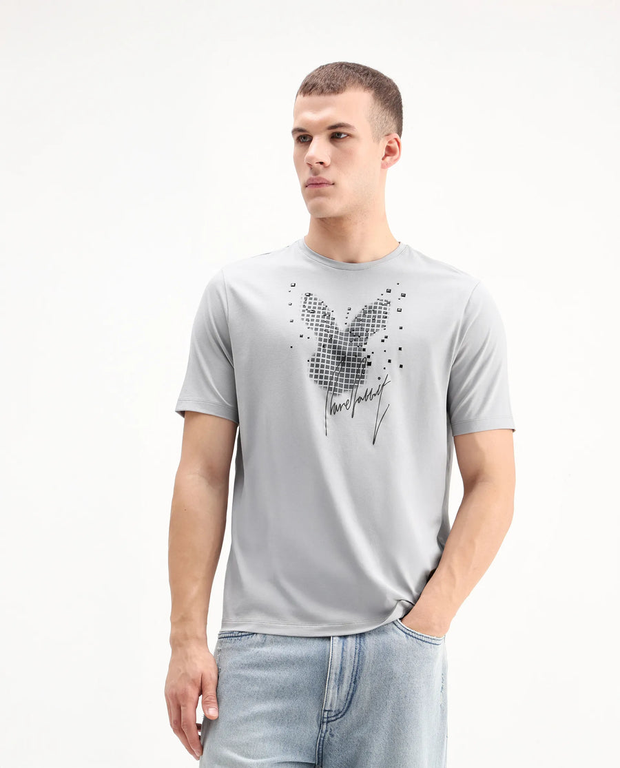 Rare Rabbit Men's Ambi Light Grey Cotton Blend Graphic Print Regular Fit Half Sleeve Crew Neck T-Shirt