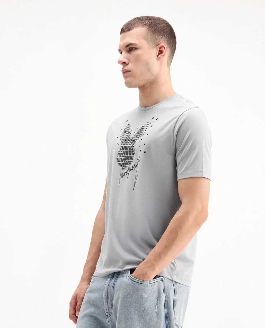 Rare Rabbit Men's Ambi Light Grey Cotton Blend Graphic Print Regular Fit Half Sleeve Crew Neck T-Shirt