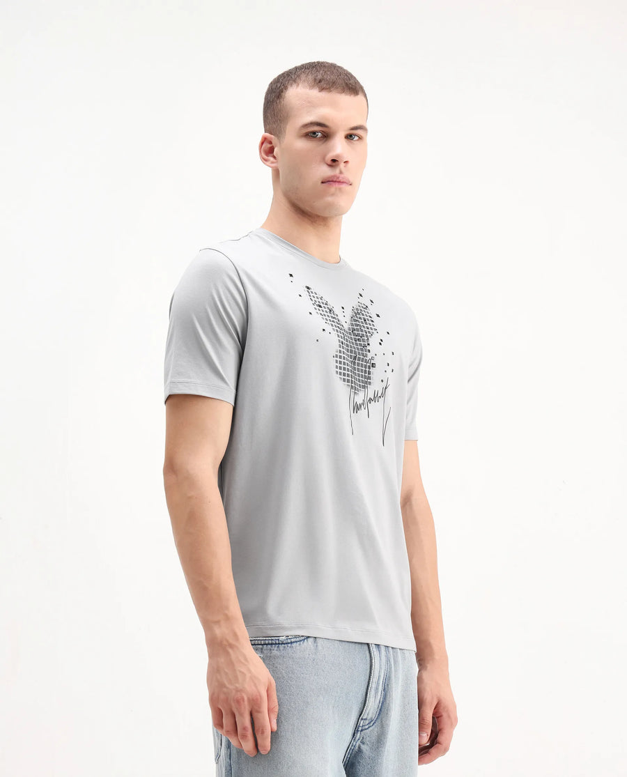 Rare Rabbit Men's Ambi Light Grey Cotton Blend Graphic Print Regular Fit Half Sleeve Crew Neck T-Shirt