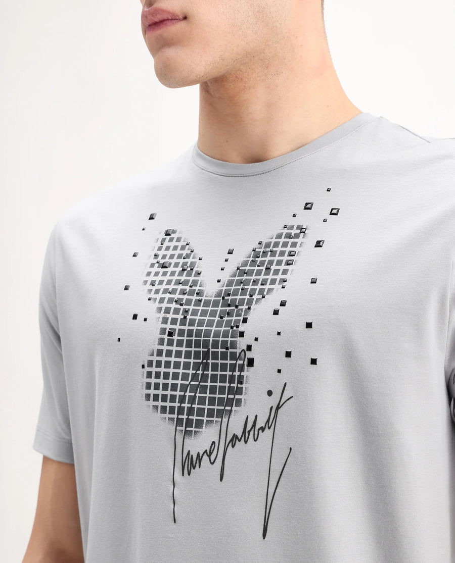 Rare Rabbit Men's Ambi Light Grey Cotton Blend Graphic Print Regular Fit Half Sleeve Crew Neck T-Shirt