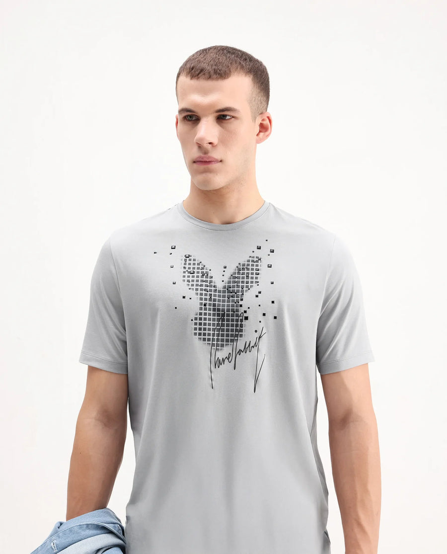 Rare Rabbit Men's Ambi Light Grey Cotton Blend Graphic Print Regular Fit Half Sleeve Crew Neck T-Shirt