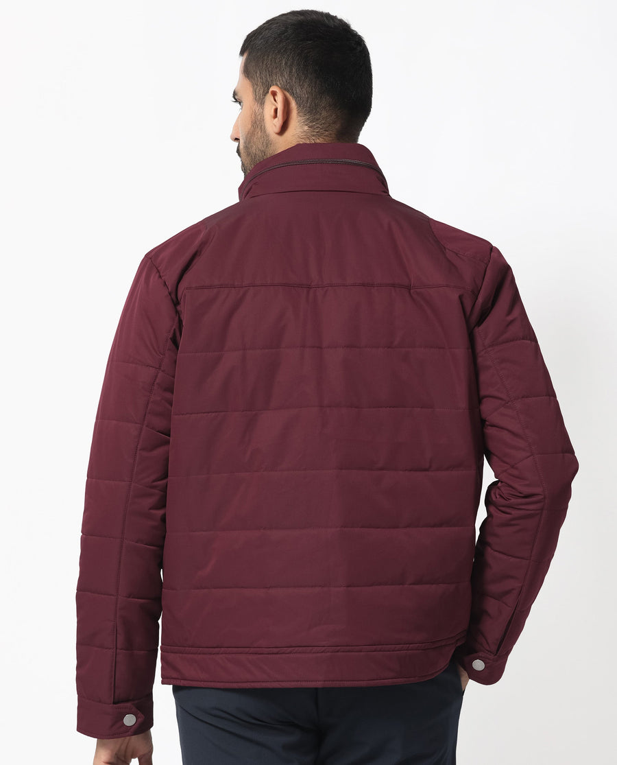 Rare Rabbit Men's Ambr Dark Maroon Polyester Plain Tailored Fit Full Sleeve Mandarin Collar Jacket