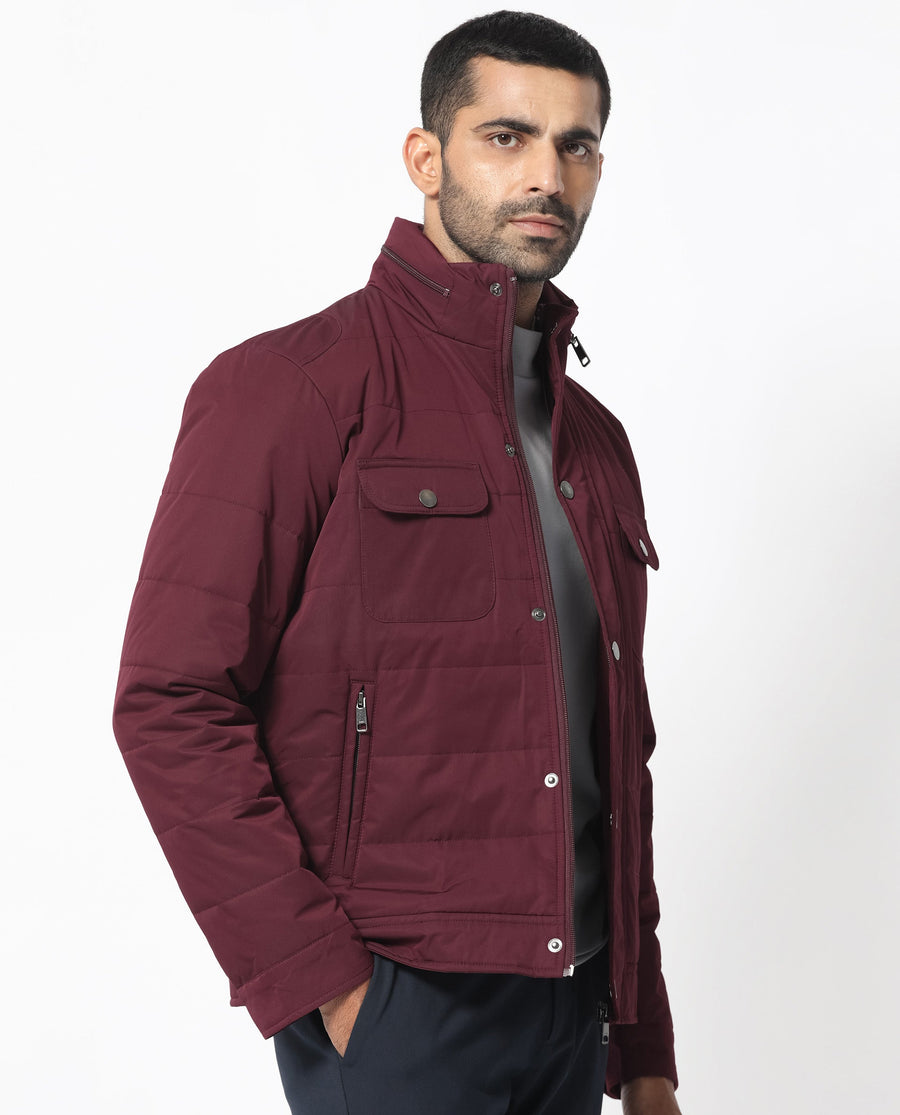 Rare Rabbit Men's Ambr Dark Maroon Polyester Plain Tailored Fit Full Sleeve Mandarin Collar Jacket