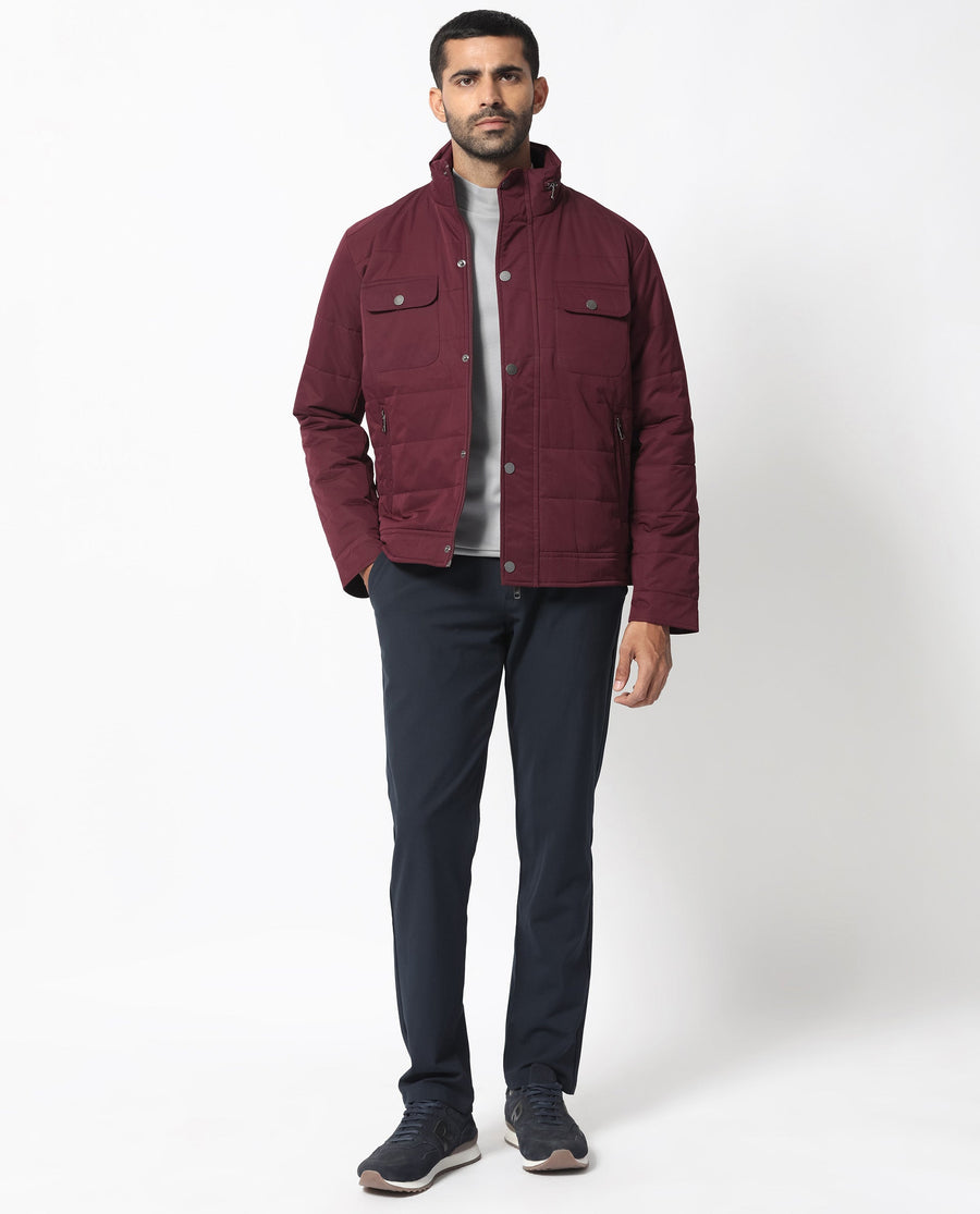 Rare Rabbit Men's Ambr Dark Maroon Polyester Plain Tailored Fit Full Sleeve Mandarin Collar Jacket