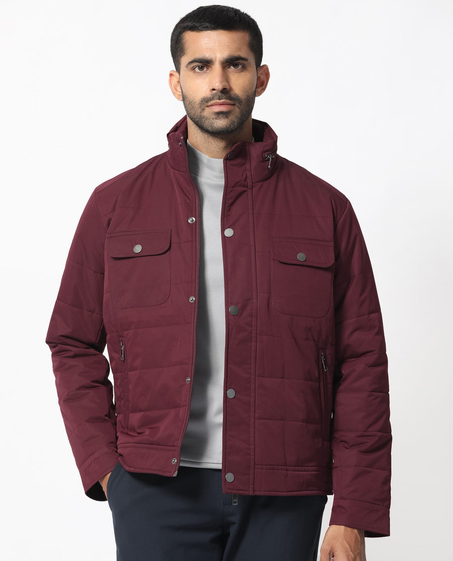 Rare Rabbit Men's Ambr Dark Maroon Polyester Plain Tailored Fit Full Sleeve Mandarin Collar Jacket