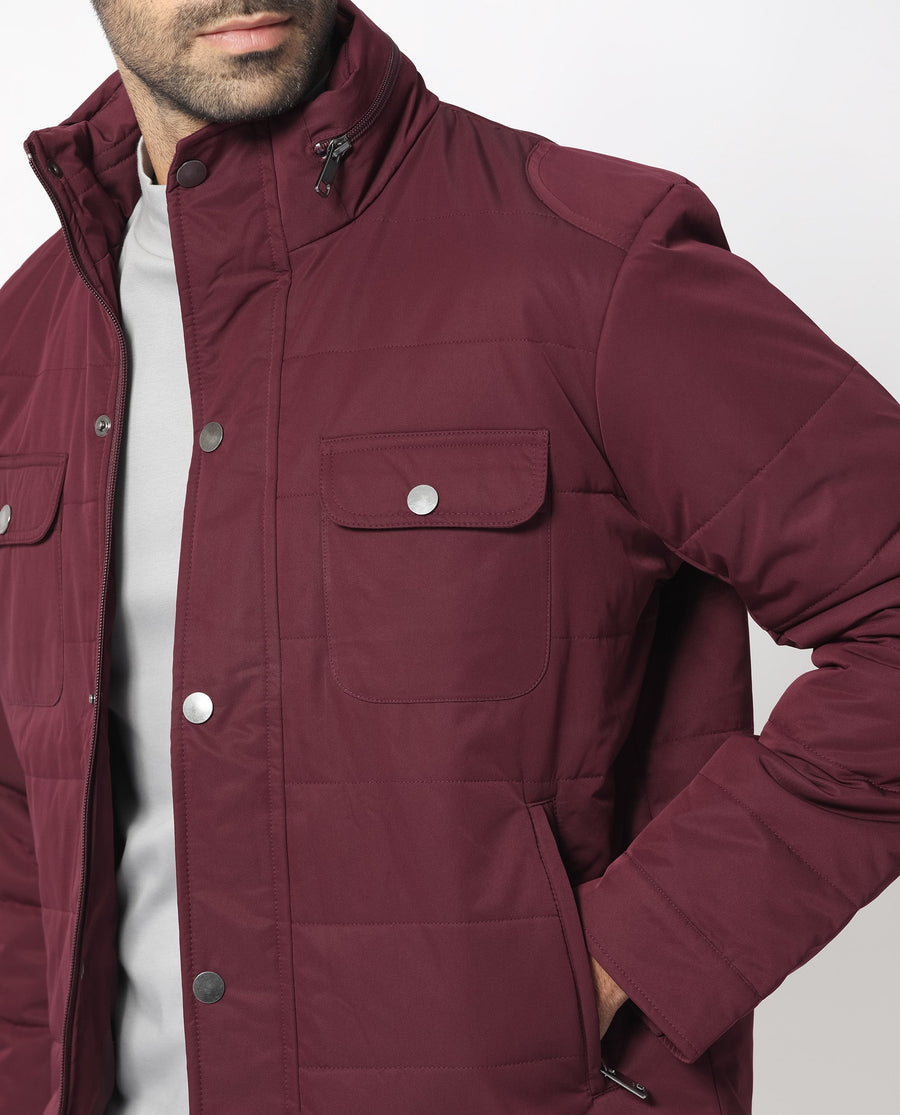 Rare Rabbit Men's Ambr Dark Maroon Polyester Plain Tailored Fit Full Sleeve Mandarin Collar Jacket