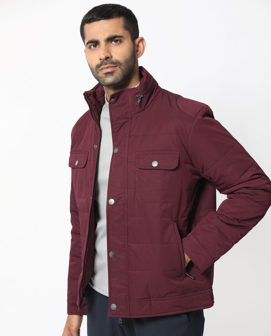 Rare Rabbit Men's Ambr Dark Maroon Polyester Plain Tailored Fit Full Sleeve Mandarin Collar Jacket
