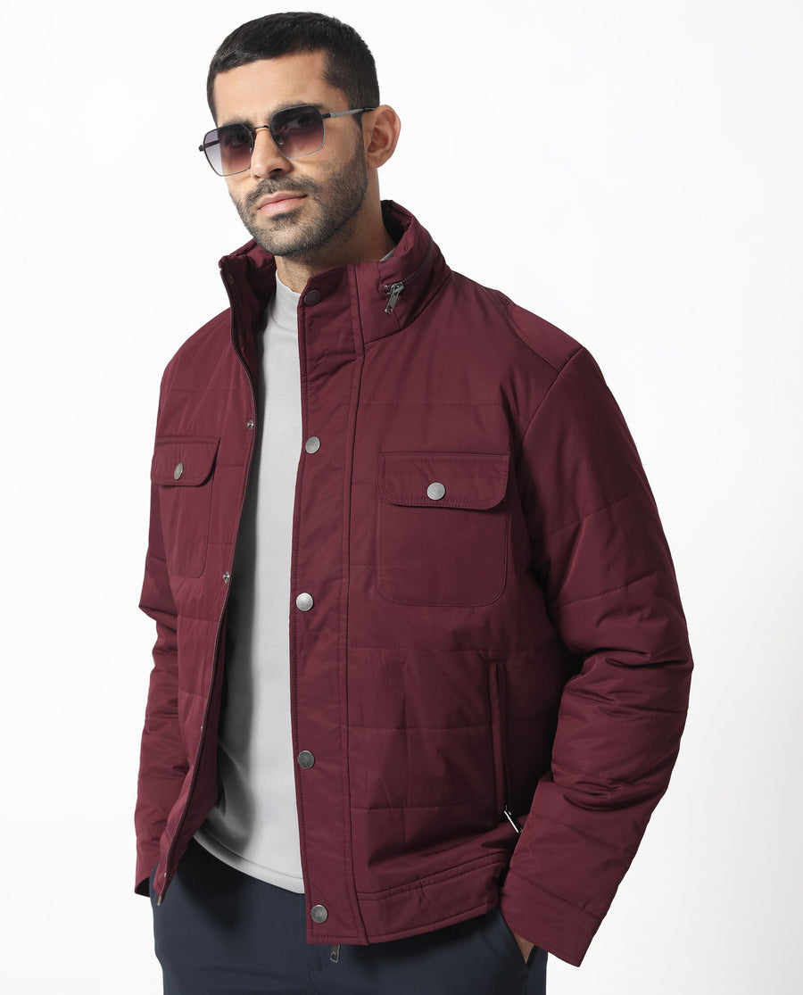 Rare Rabbit Men's Ambr Dark Maroon Polyester Plain Tailored Fit Full Sleeve Mandarin Collar Jacket
