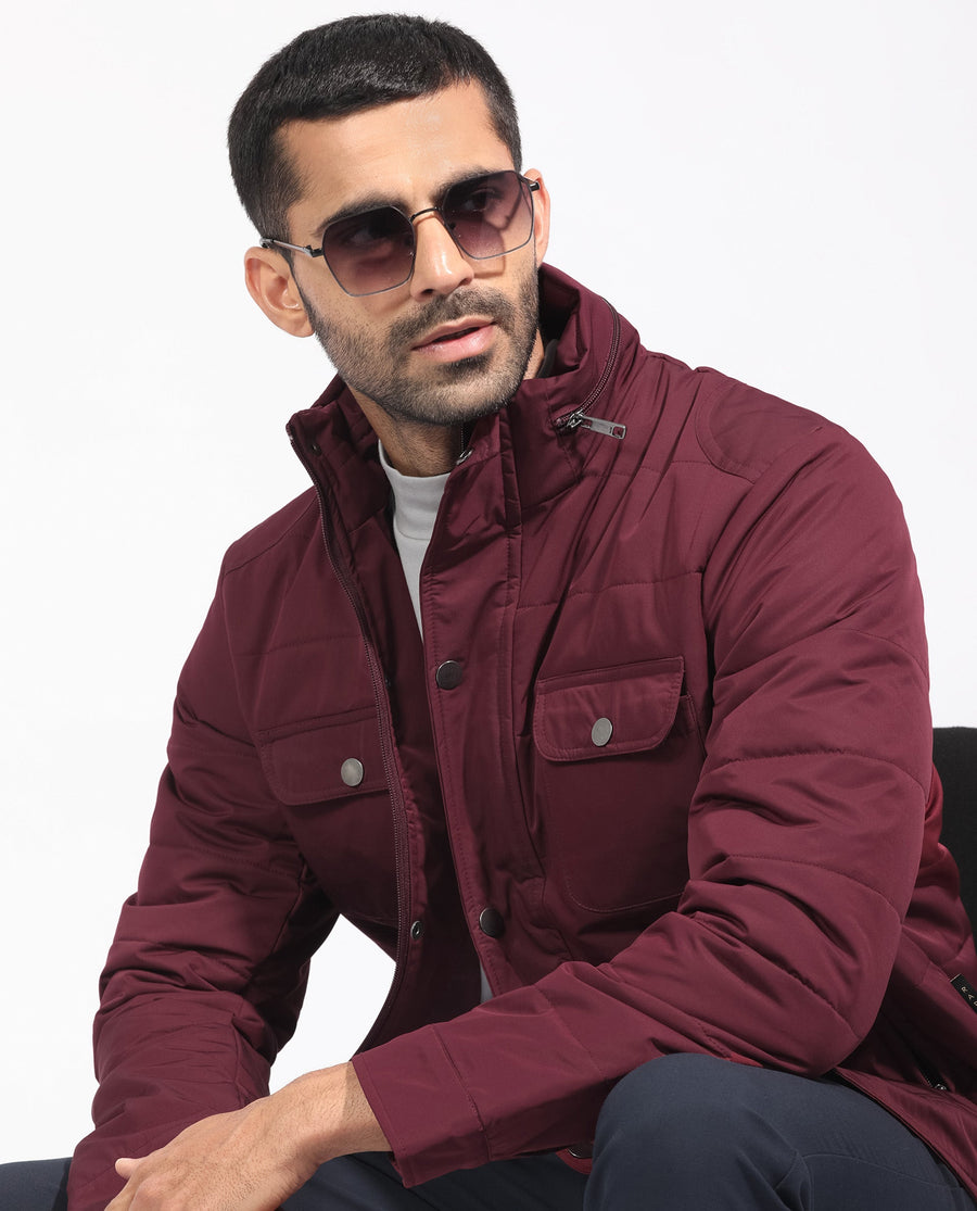 Rare Rabbit Men's Ambr Dark Maroon Polyester Plain Tailored Fit Full Sleeve Mandarin Collar Jacket