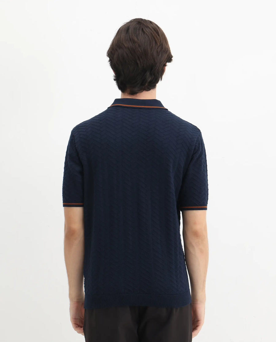 Rare Rabbit Men's Amet Navy Cotton Textured Regular Fit Half Sleeve Polo
