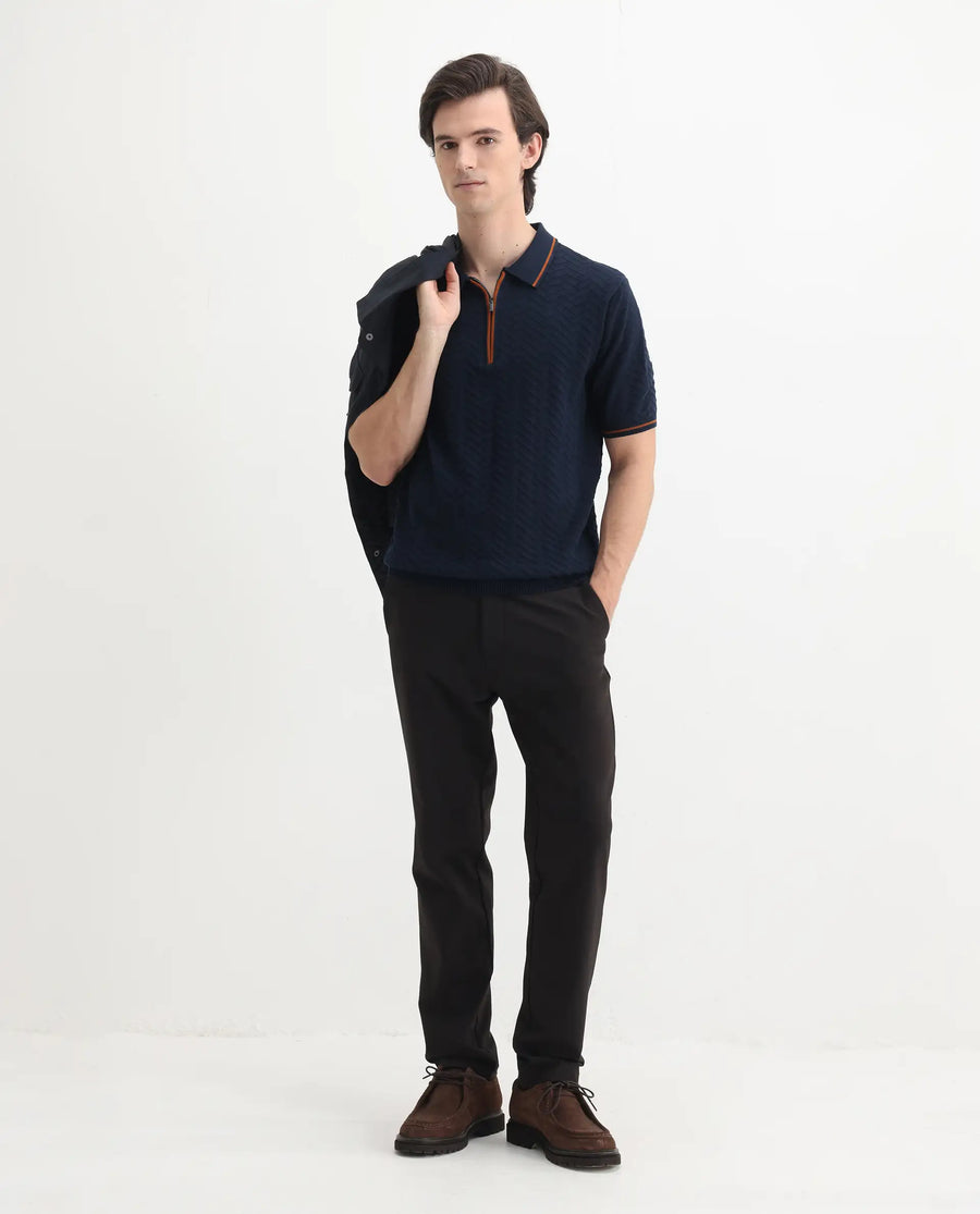Rare Rabbit Men's Amet Navy Cotton Textured Regular Fit Half Sleeve Polo