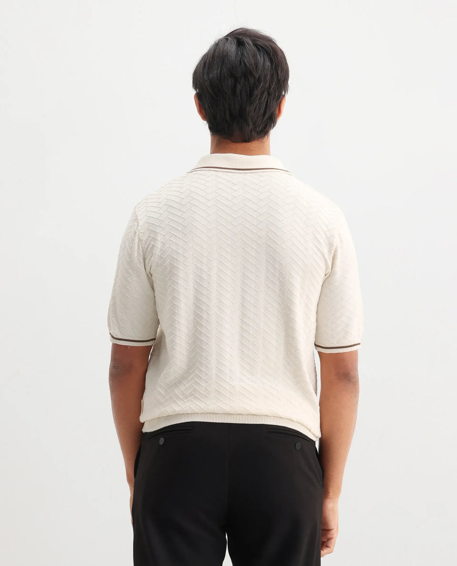 Rare Rabbit Men's Amet Off White Cotton Blend Textured Regular Fit Half Sleeve Polo