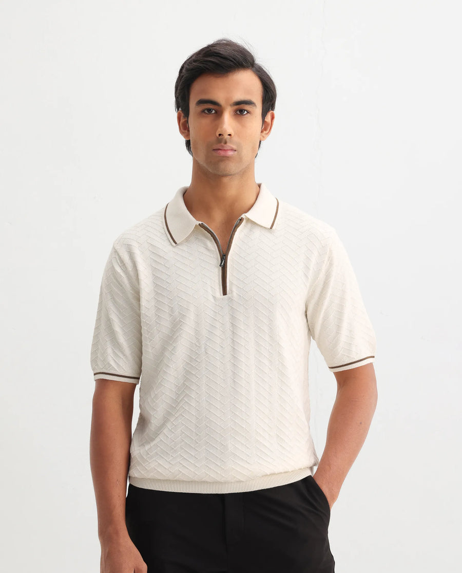 Rare Rabbit Men's Amet Off White Cotton Blend Textured Regular Fit Half Sleeve Polo