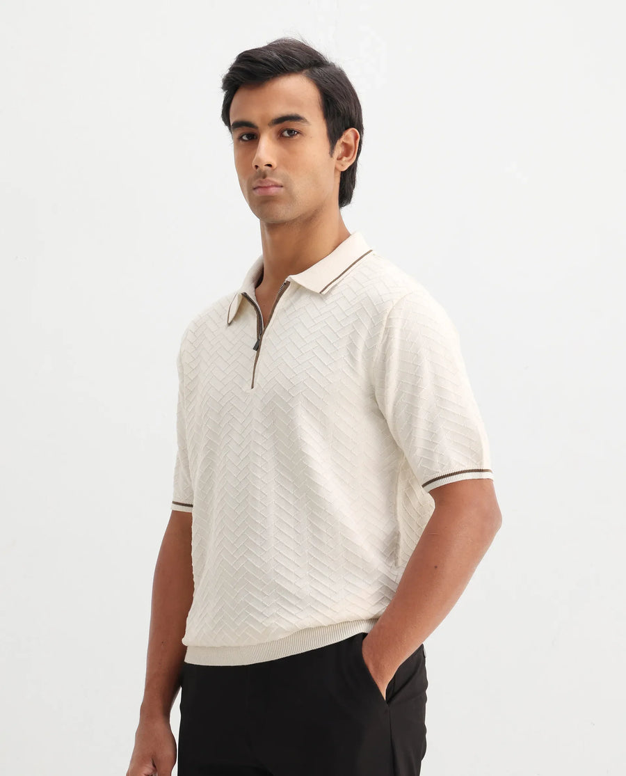 Rare Rabbit Men's Amet Off White Cotton Blend Textured Regular Fit Half Sleeve Polo