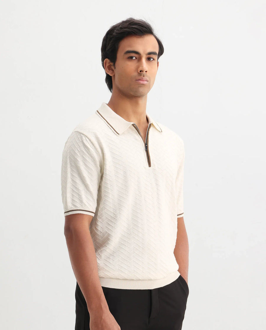 Rare Rabbit Men's Amet Off White Cotton Blend Textured Regular Fit Half Sleeve Polo