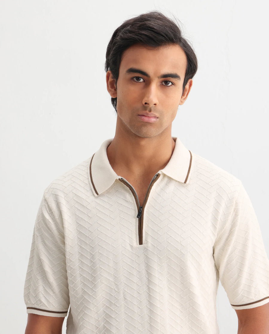 Rare Rabbit Men's Amet Off White Cotton Blend Textured Regular Fit Half Sleeve Polo