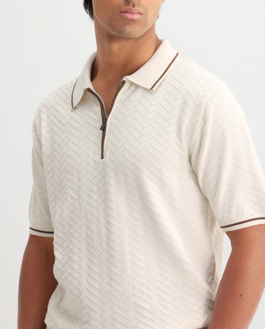 Rare Rabbit Men's Amet Off White Cotton Blend Textured Regular Fit Half Sleeve Polo