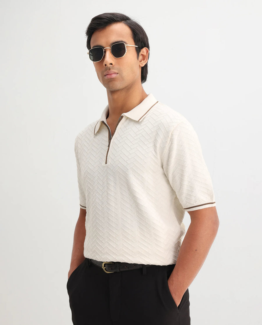 Rare Rabbit Men's Amet Off White Cotton Blend Textured Regular Fit Half Sleeve Polo