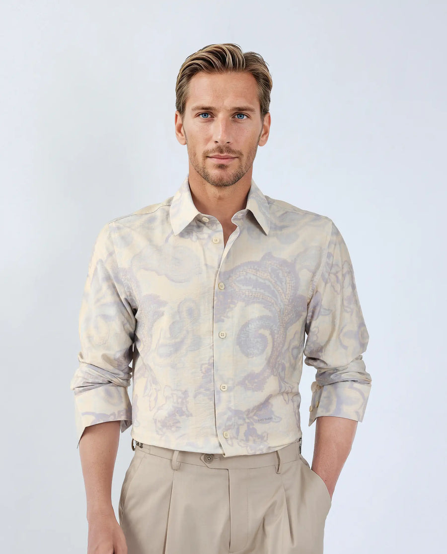 Rare Rabbit Men's Ami Beige Viscose Blend Abstract Print Relaxed Fit Full Sleeve Collared Shirt