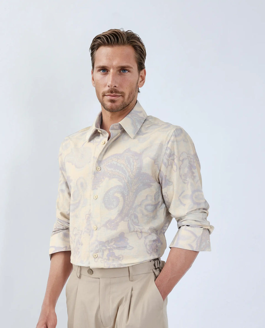 Rare Rabbit Men's Ami Beige Viscose Blend Abstract Print Relaxed Fit Full Sleeve Collared Shirt