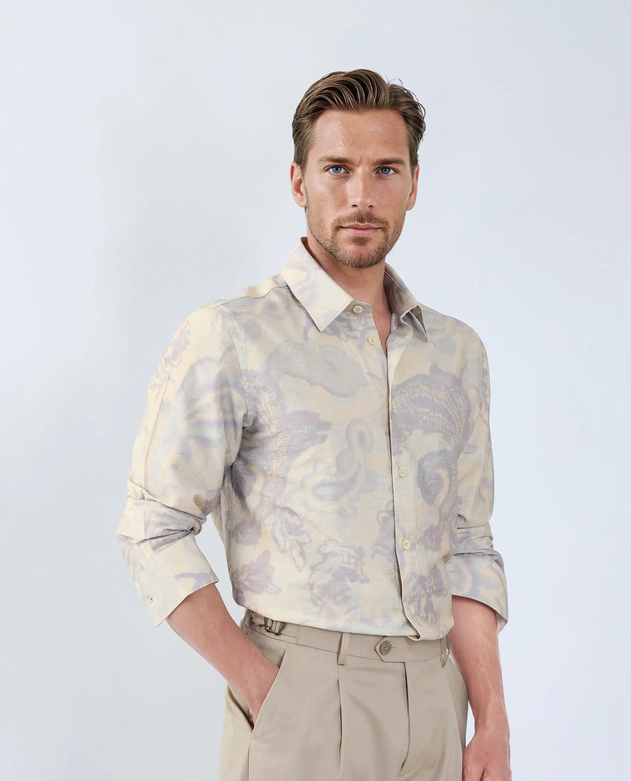 Rare Rabbit Men's Ami Beige Viscose Blend Abstract Print Relaxed Fit Full Sleeve Collared Shirt