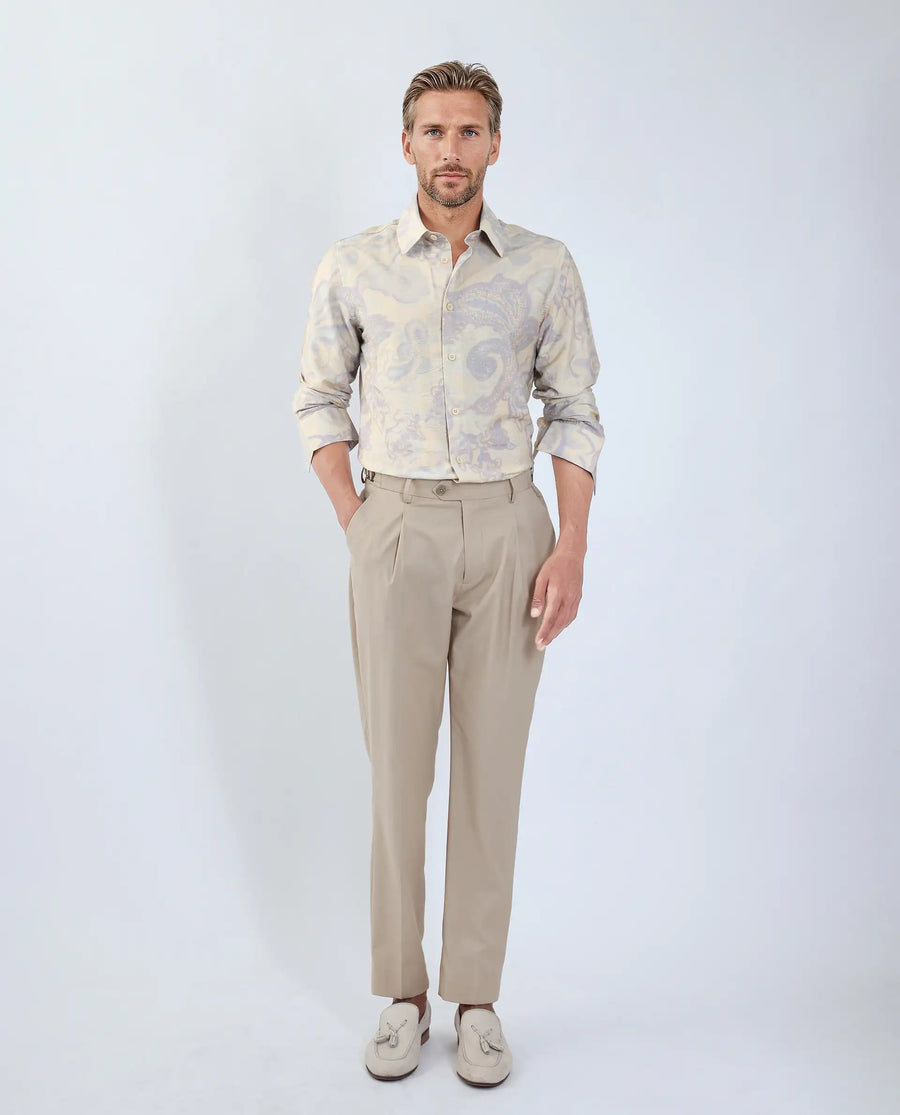 Rare Rabbit Men's Ami Beige Viscose Blend Abstract Print Relaxed Fit Full Sleeve Collared Shirt