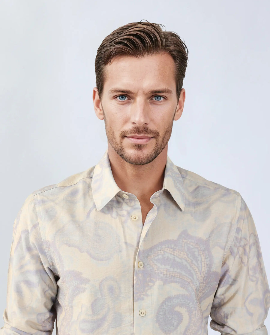 Rare Rabbit Men's Ami Beige Viscose Blend Abstract Print Relaxed Fit Full Sleeve Collared Shirt