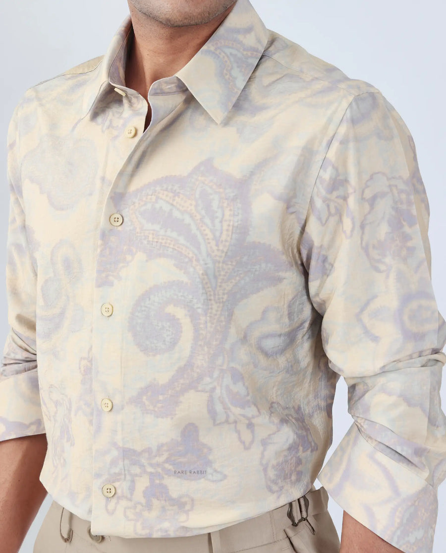 Rare Rabbit Men's Ami Beige Viscose Blend Abstract Print Relaxed Fit Full Sleeve Collared Shirt