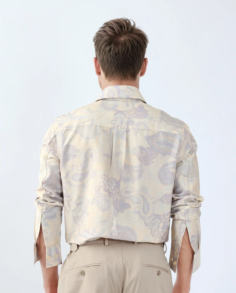 Rare Rabbit Men's Ami Beige Viscose Blend Abstract Print Relaxed Fit Full Sleeve Collared Shirt