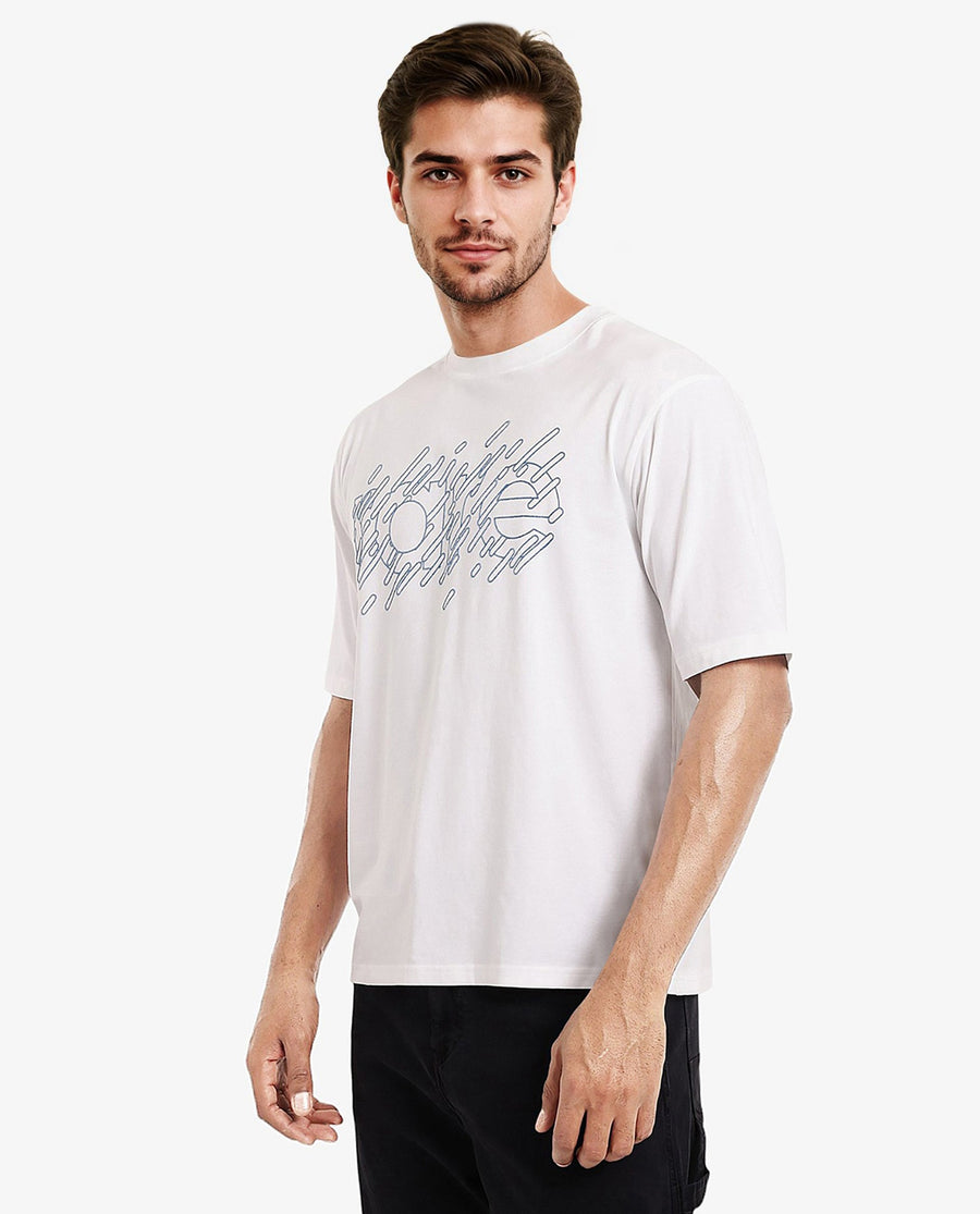 Rare Rabbit Men's Ammon Dark White Cotton Graphic Print Oversized Fit Half Sleeve Crew Neck T-Shirt