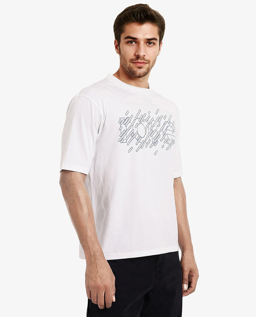 Rare Rabbit Men's Ammon Dark White Cotton Graphic Print Oversized Fit Half Sleeve Crew Neck T-Shirt