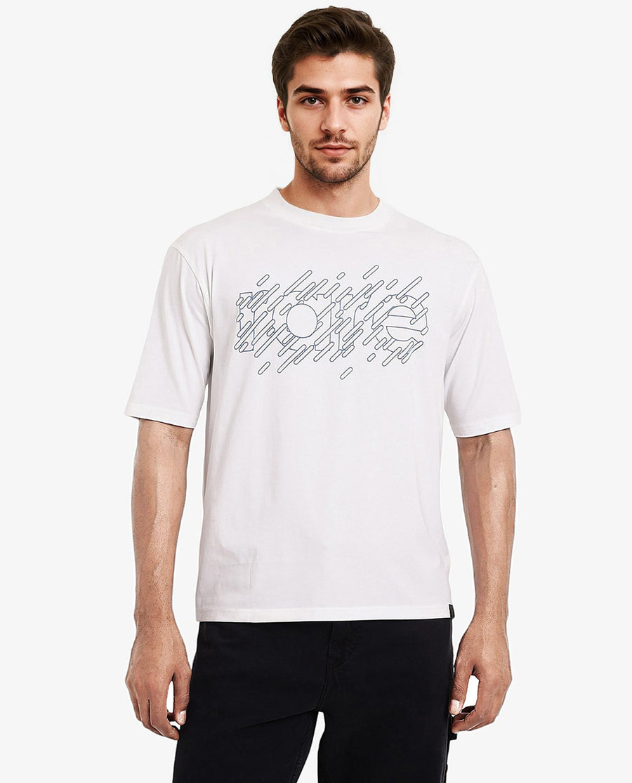 Rare Rabbit Men's Ammon Dark White Cotton Graphic Print Oversized Fit Half Sleeve Crew Neck T-Shirt