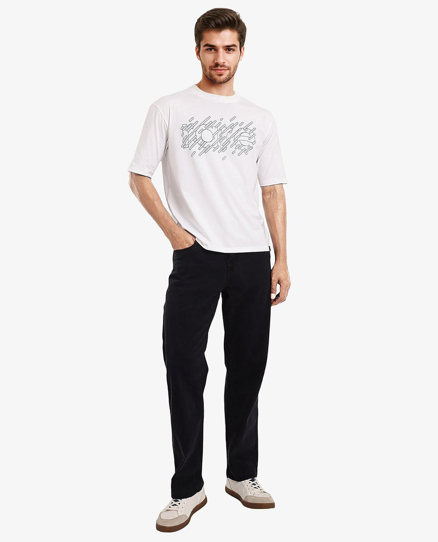 Rare Rabbit Men's Ammon Dark White Cotton Graphic Print Oversized Fit Half Sleeve Crew Neck T-Shirt