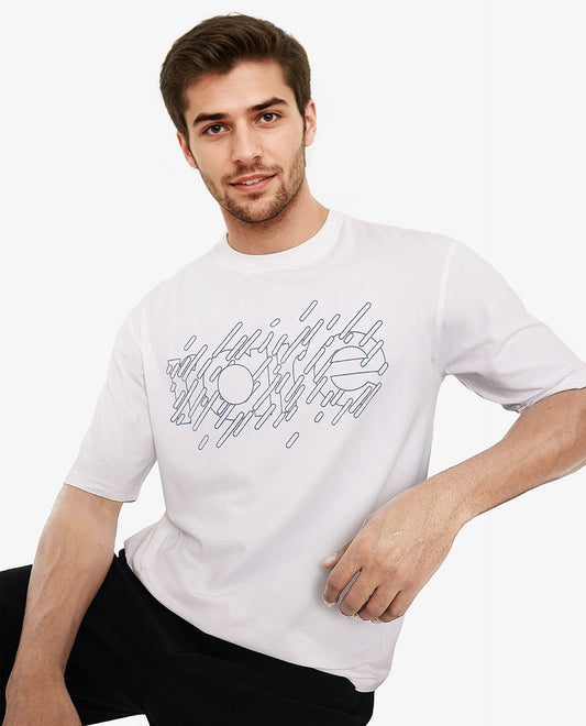 Rare Rabbit Men's Ammon Dark White Cotton Graphic Print Oversized Fit Half Sleeve Crew Neck T-Shirt