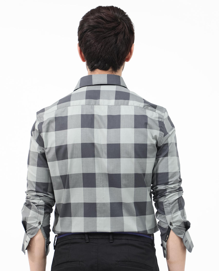 Rare Rabbit Men's Amos Grey Cotton Checked Print Regular Fit Full Sleeve Collared Shirt