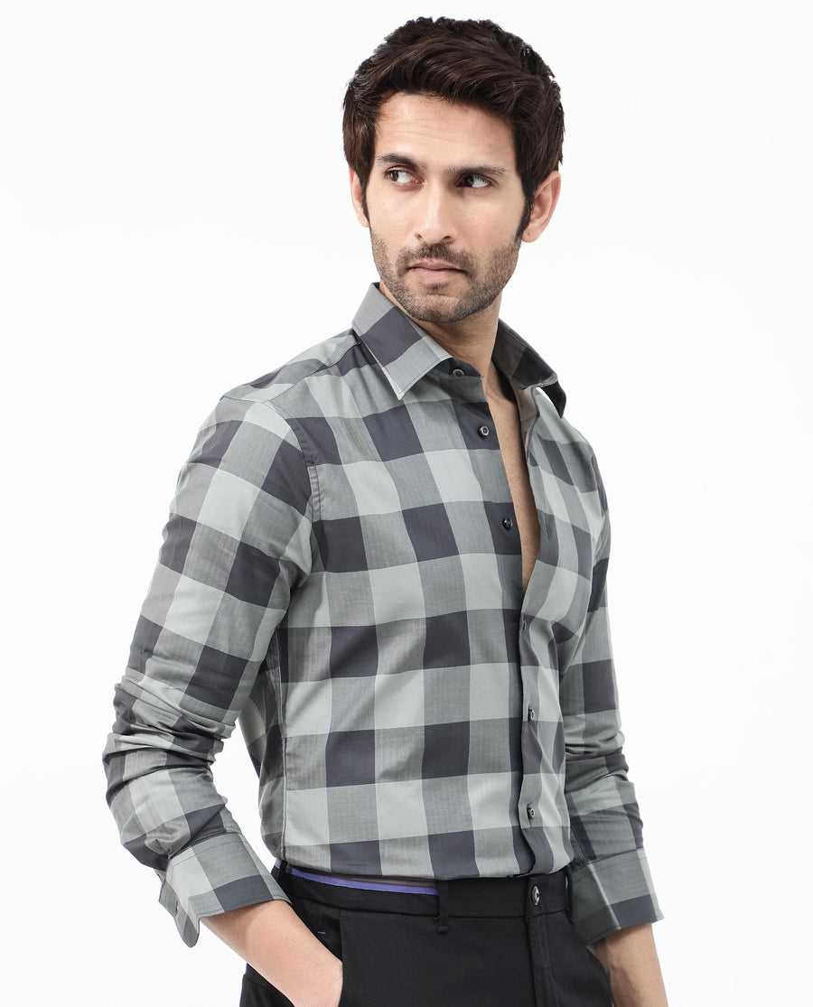 Rare Rabbit Men's Amos Grey Cotton Checked Print Regular Fit Full Sleeve Collared Shirt