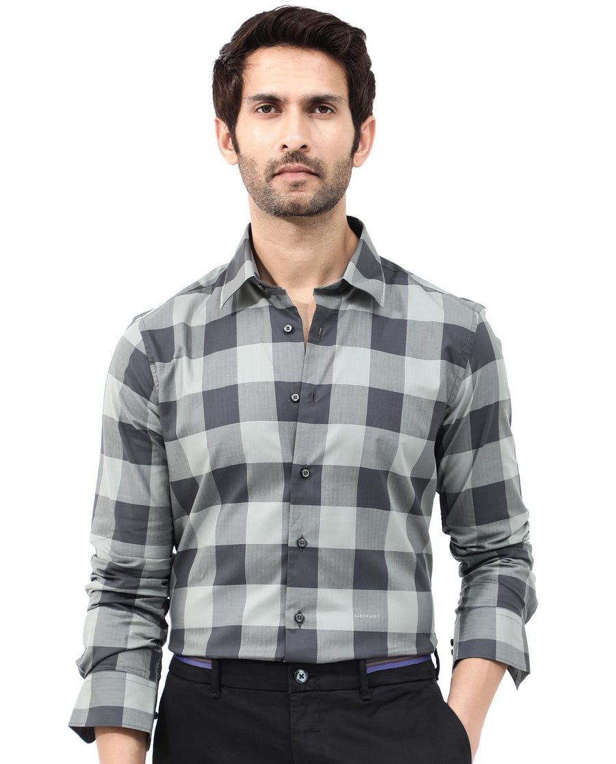 Rare Rabbit Men's Amos Grey Cotton Checked Print Regular Fit Full Sleeve Collared Shirt
