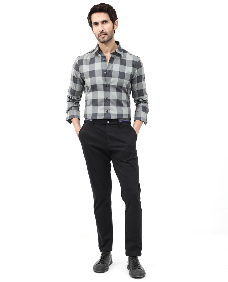 Rare Rabbit Men's Amos Grey Cotton Checked Print Regular Fit Full Sleeve Collared Shirt