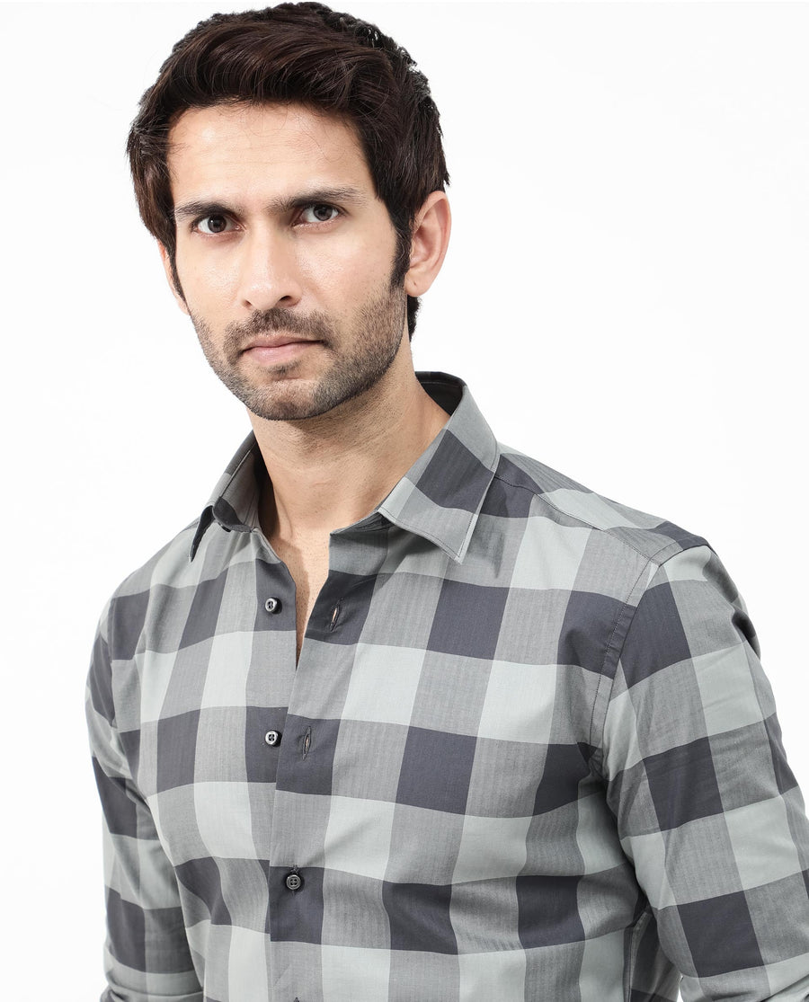 Rare Rabbit Men's Amos Grey Cotton Checked Print Regular Fit Full Sleeve Collared Shirt