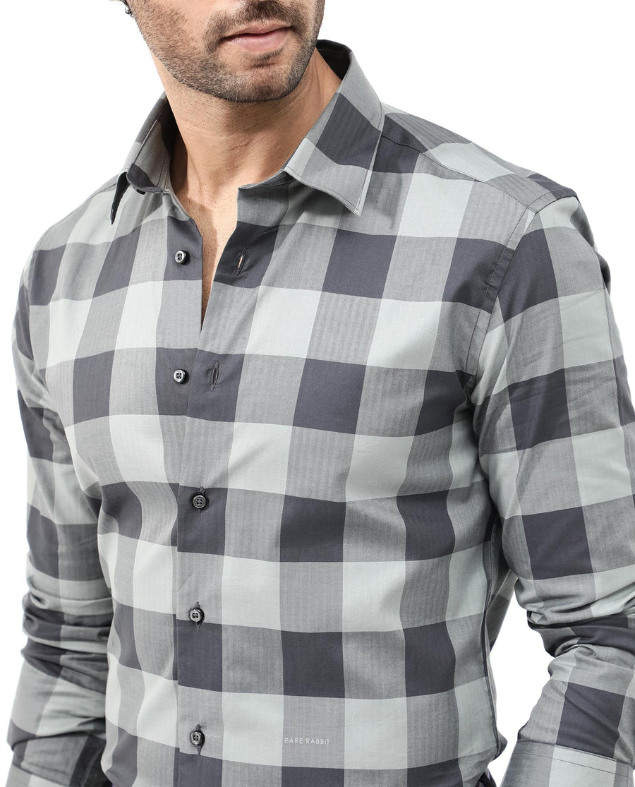 Rare Rabbit Men's Amos Grey Cotton Checked Print Regular Fit Full Sleeve Collared Shirt